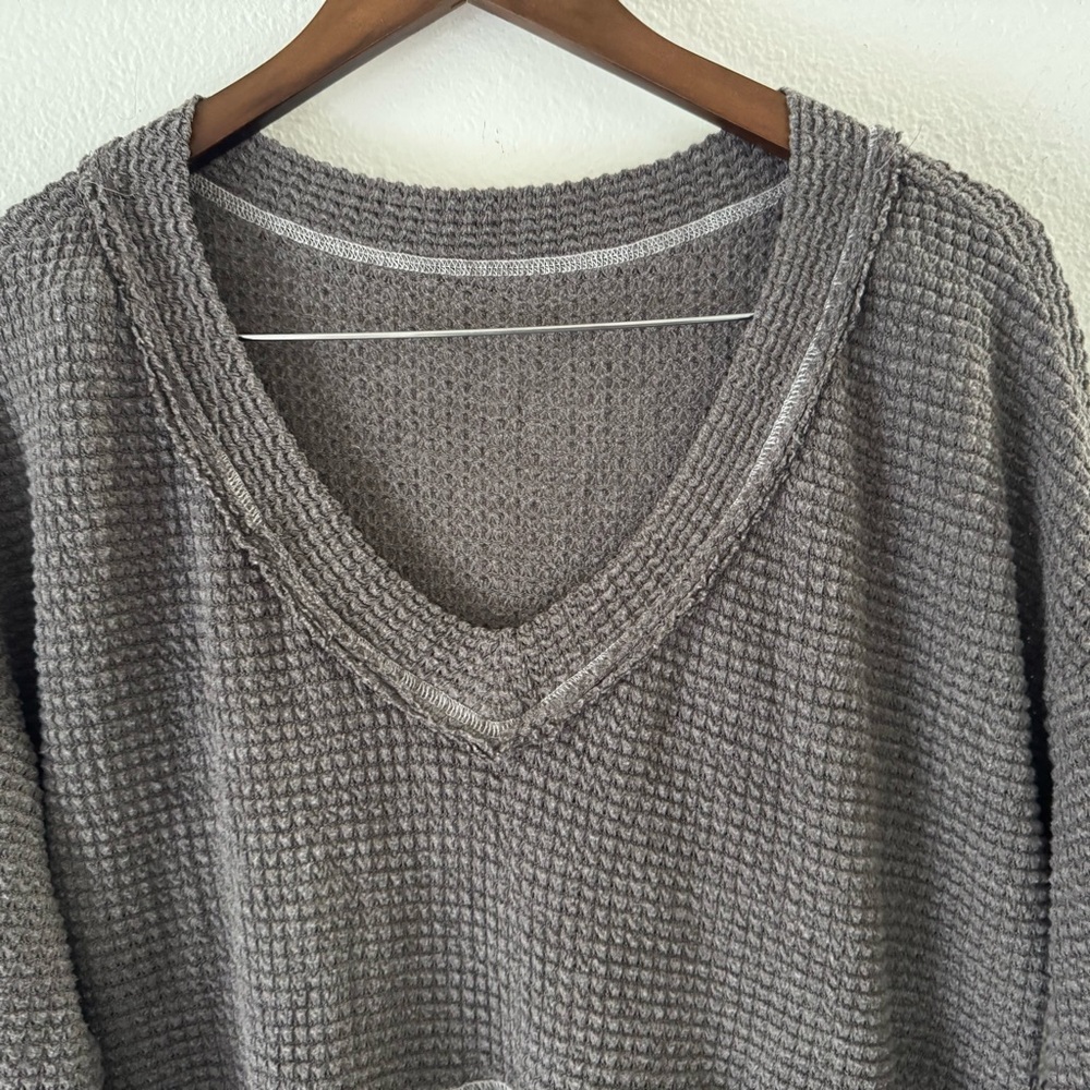 Cozy Boho Waffle Knit V-Neck Babydoll Top XL Long Sleeve Gray Cozy Soft Girl - Picture 6 of 12